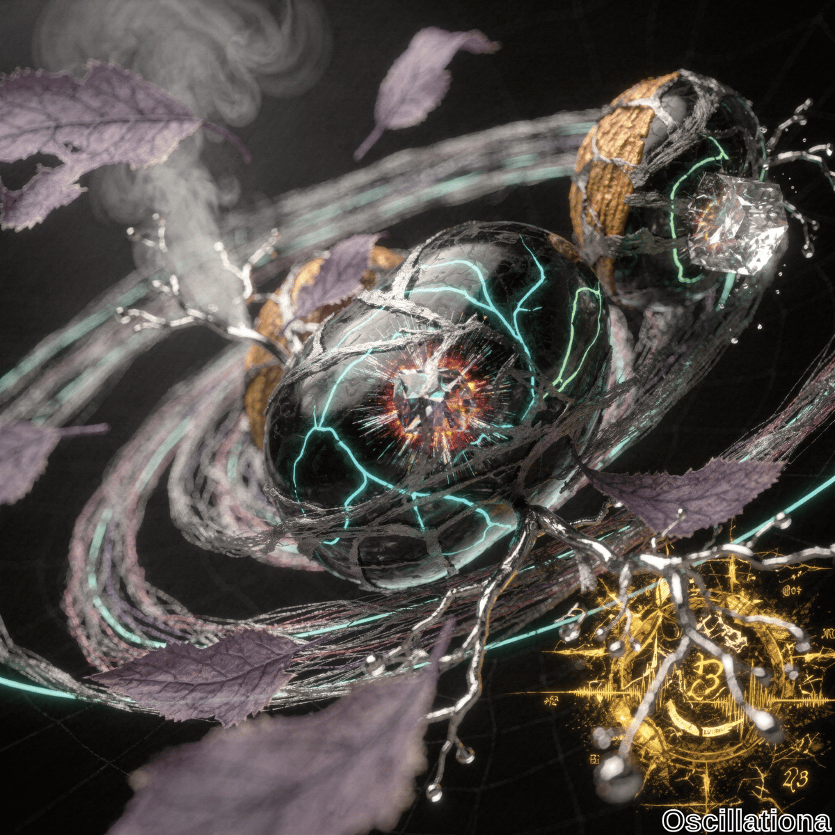 Two large, cracked orbs with vibrant, electric cores of red, blue, and green lightning patterns dominate this surreal scene