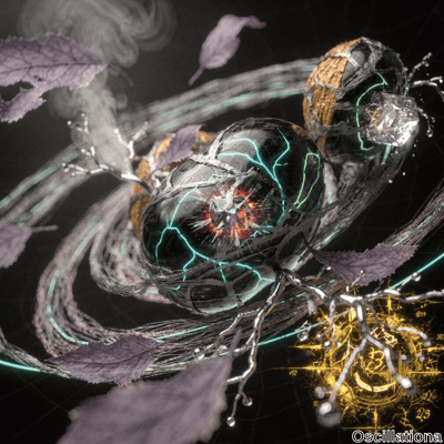 Two large, cracked orbs with vibrant, electric cores of red, blue, and green lightning patterns dominate this surreal scene