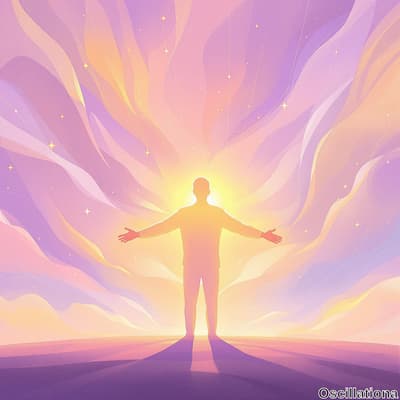 Silhouette of a person with arms outstretched against a vibrant, ethereal backdrop, emanating light with a bright glow around the head like a sun or halo.