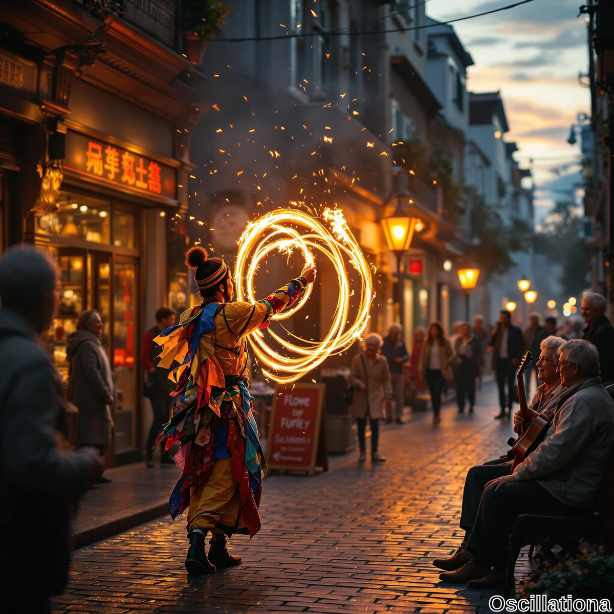 A performer in vibrant yellow, red, blue, and green traditional attire creates circular fire patterns with sparklers at dusk on a cobblestone street lined with historic European buildings.