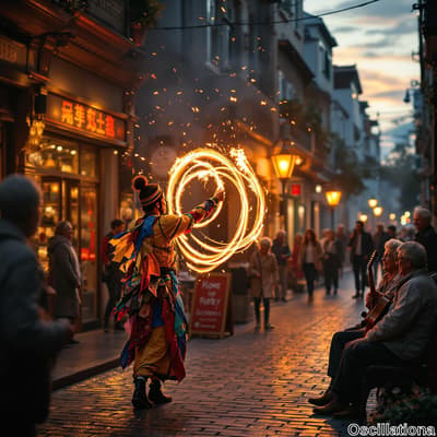 A performer in vibrant yellow, red, blue, and green traditional attire creates circular fire patterns with sparklers at dusk on a cobblestone street lined with historic European buildings.