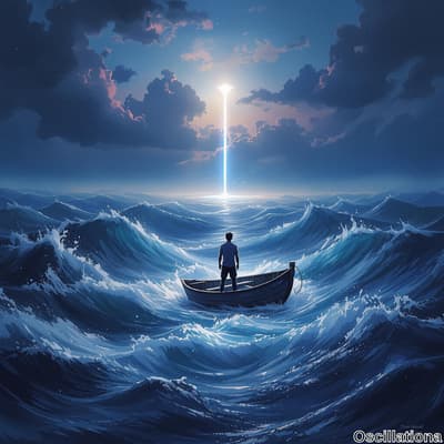 A solitary figure in a small boat gazes at a luminous beam of light stretching from the ocean's surface into the sky at twilight.
