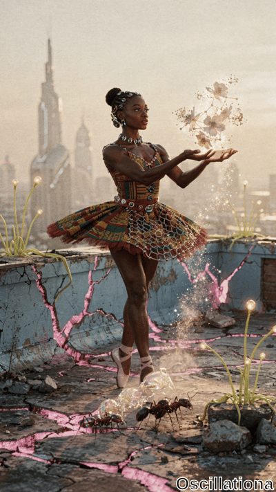 Poised Black ballerina with beaded braids, blue-glowing face adornments en pointe on neon-pink cracked rooftop in urban ruins at dusk. Vibrant multicolored wax-print tutu, white slippers; hands release spark