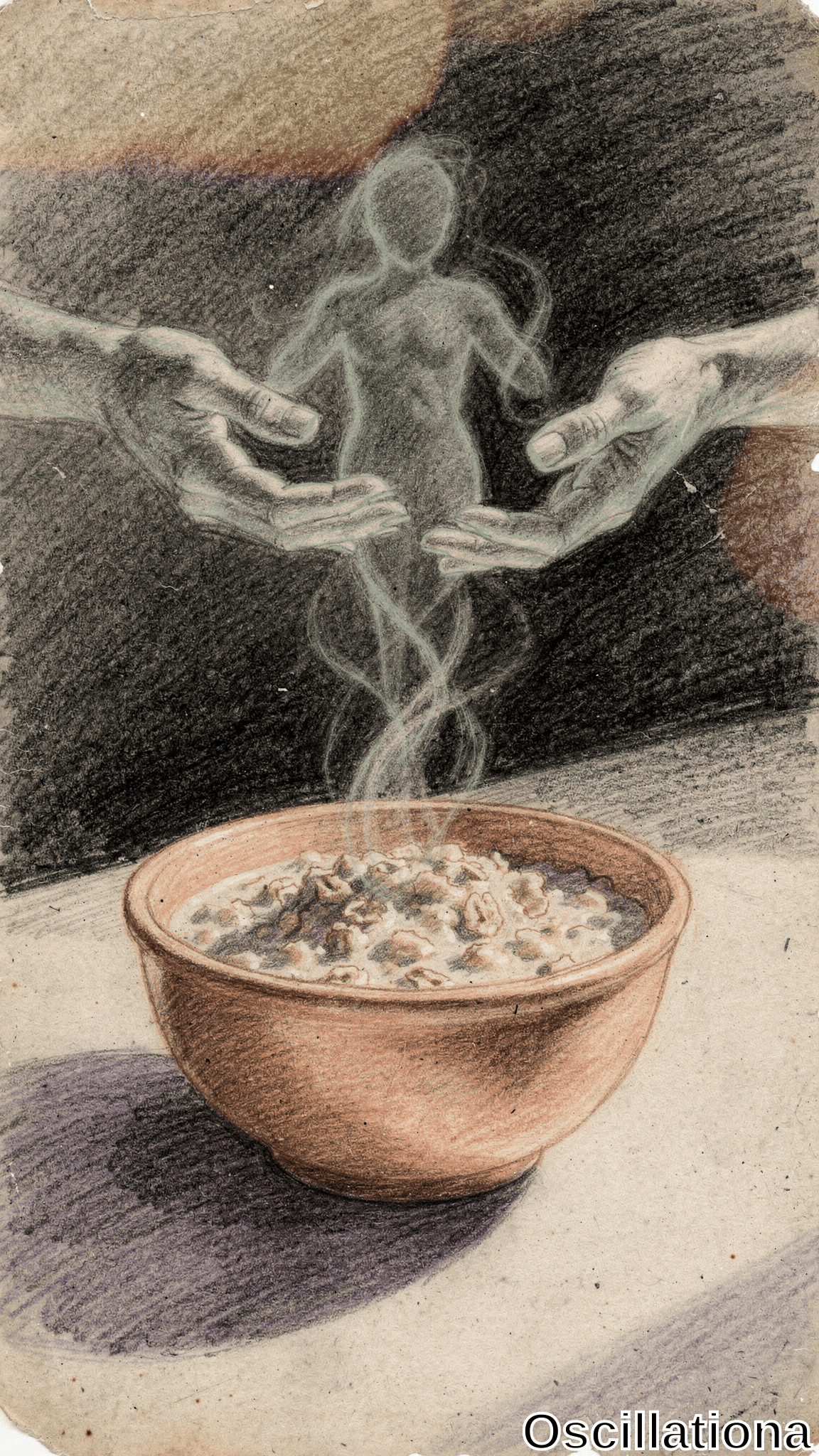 Surreal colored pencil drawing on aged beige paper: steaming terracotta bowl of creamy oatmeal on shadowed purple surface. Wispy steam forms translucent nude female ghost with long hair, gently cradled by two pairs of pale hands from dark