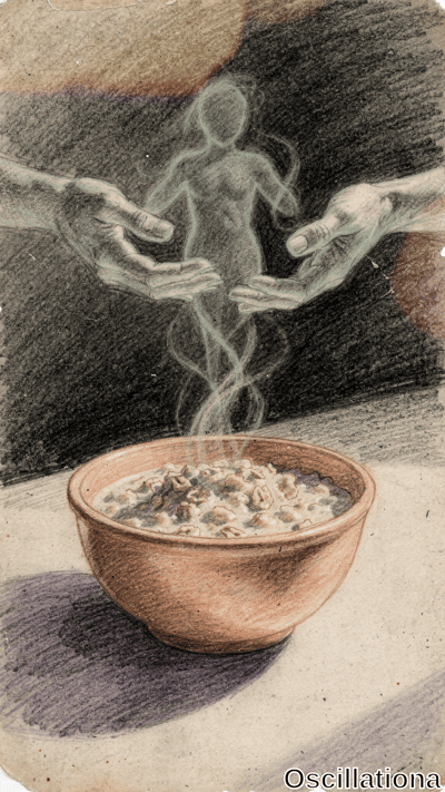 Surreal colored pencil drawing on aged beige paper: steaming terracotta bowl of creamy oatmeal on shadowed purple surface. Wispy steam forms translucent nude female ghost with long hair, gently cradled by two pairs of pale hands from dark