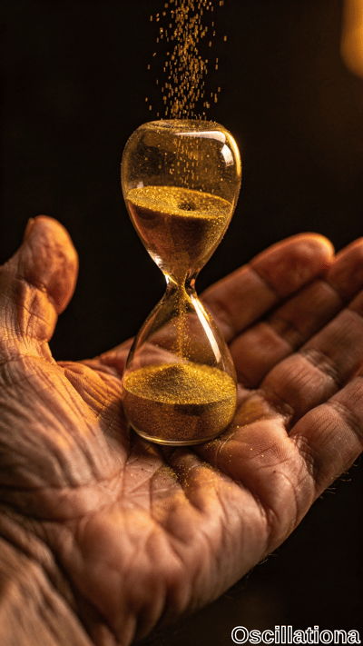 An elderly hand delicately holds a clear glass hourglass filled with golden sand flowing from the top to the bottom bulb, creating a glittering stream with some particles dispersing into the air