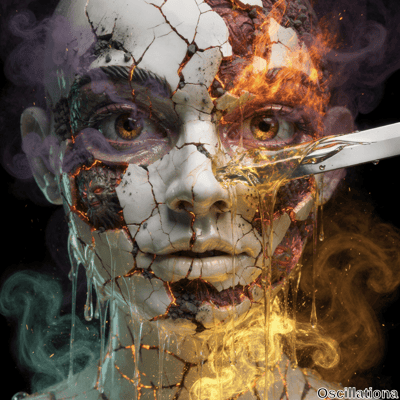 A surreal scene of a cracked, fragmented face made of ceramic or porcelain, with visible fissures