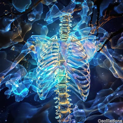A digitally rendered human skeleton with a focus on the ribcage and spine, depicted in translucent, shimmering light blue and soft yellow against a dark, starry background with swirling translucent blue clouds, suggesting a cosmic fusion of biology and art