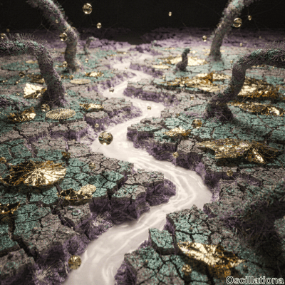 A surreal landscape with a glowing white river winding through cracked, dry terrain in dark teal and purple hues