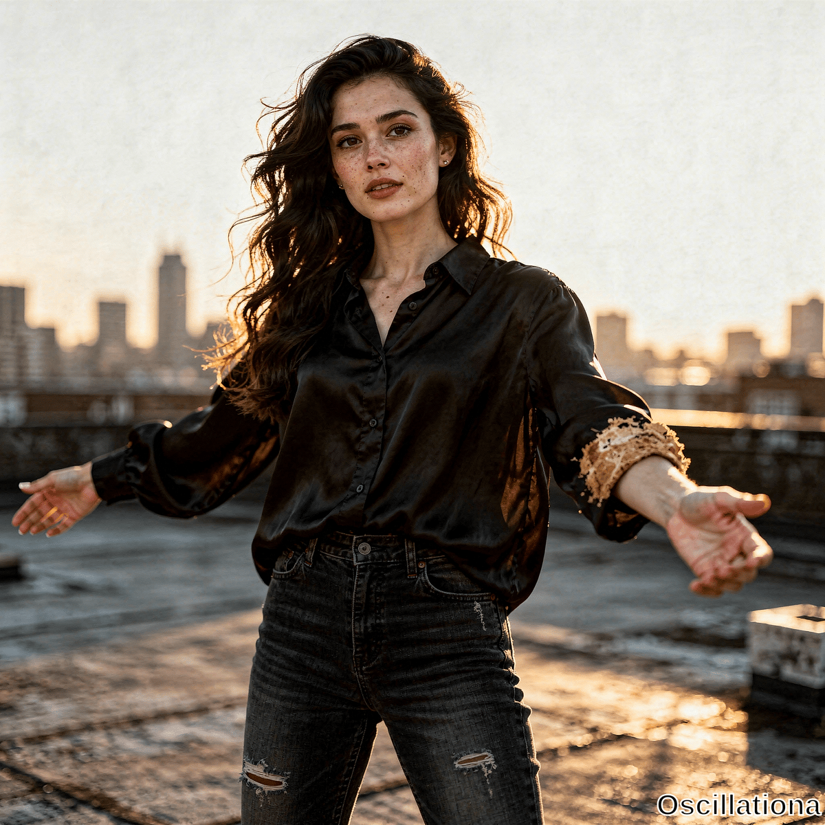 Young woman with freckles & windswept dark brown hair stands on urban rooftop at golden hour shrugging arms out palms up neutral to viewer in black satin shirt with torn cuffs & ripped jeans rimlit vs blurred city skyline.