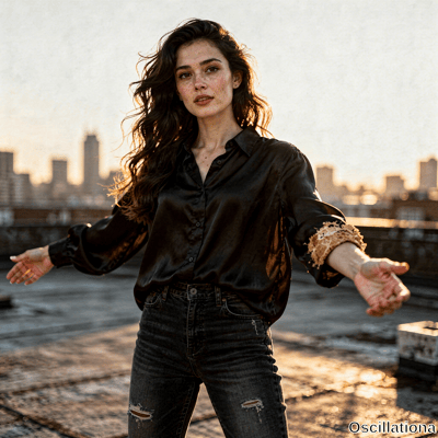 Young woman with freckles & windswept dark brown hair stands on urban rooftop at golden hour shrugging arms out palms up neutral to viewer in black satin shirt with torn cuffs & ripped jeans rimlit vs blurred city skyline.