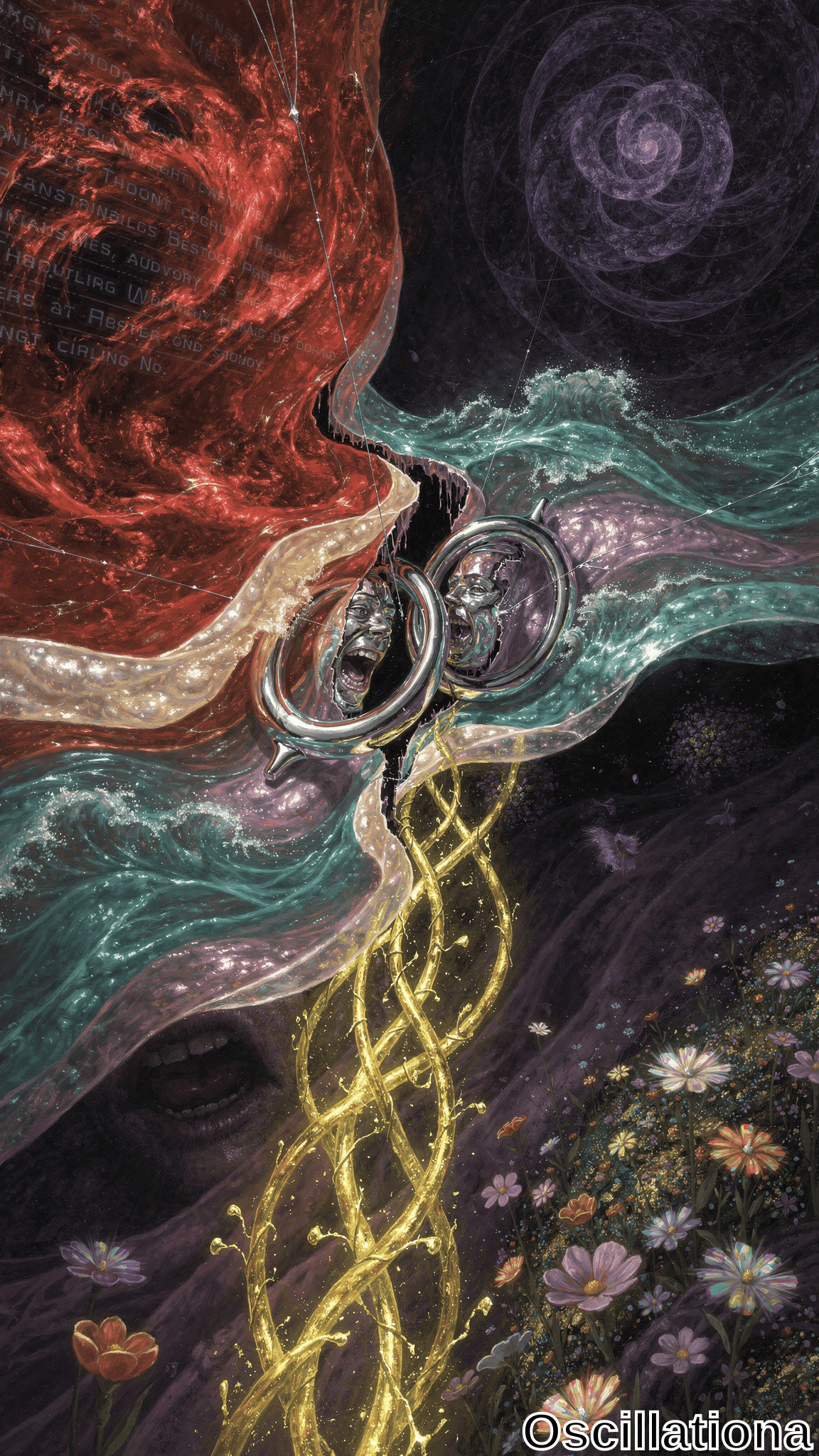 A vibrant surreal artwork depicting a dynamic composition with deep reds, purples, greens, and golds blending to create movement and energy