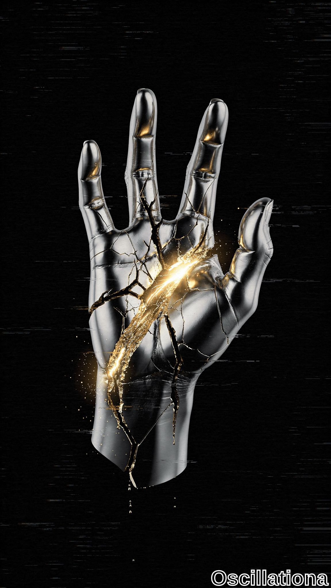 A silver metallic hand against a black background, cracked with glowing molten gold seeping from the fissures, creating a dynamic contrast and a bright light effect, blending futuristic and artistic elements