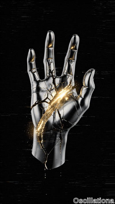 A silver metallic hand against a black background, cracked with glowing molten gold seeping from the fissures, creating a dynamic contrast and a bright light effect, blending futuristic and artistic elements
