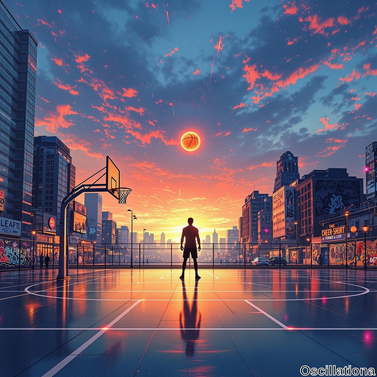 A silhouette of a person on a brightly lit basketball court at sunset, with a basketball in mid-air heading towards the hoop.
