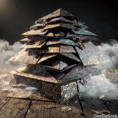 A multi-layered geometric structure resembling a pagoda with stacked pyramids, featuring intricate patterns in gold, purple, teal, and pink