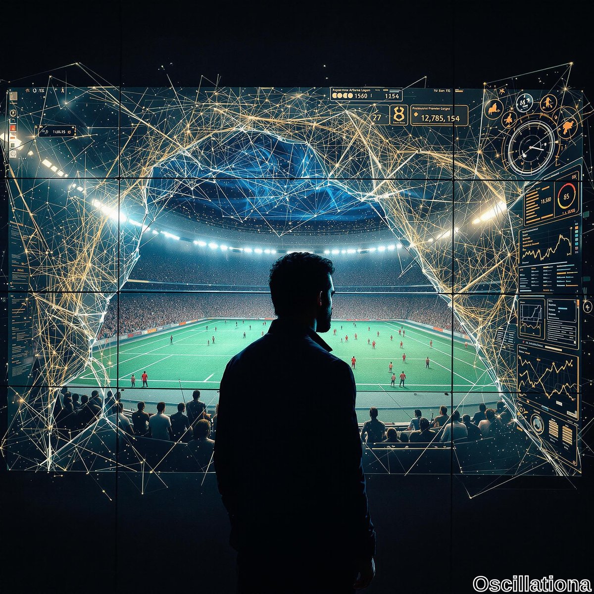 A person's silhouette stands before a large, multi-panel digital display showcasing a futuristic, data-driven soccer stadium visualization, with a green field and players in red and white, overlaid with bright yellow, blue, and white data points