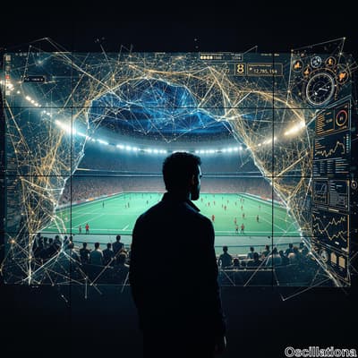 A person's silhouette stands before a large, multi-panel digital display showcasing a futuristic, data-driven soccer stadium visualization, with a green field and players in red and white, overlaid with bright yellow, blue, and white data points