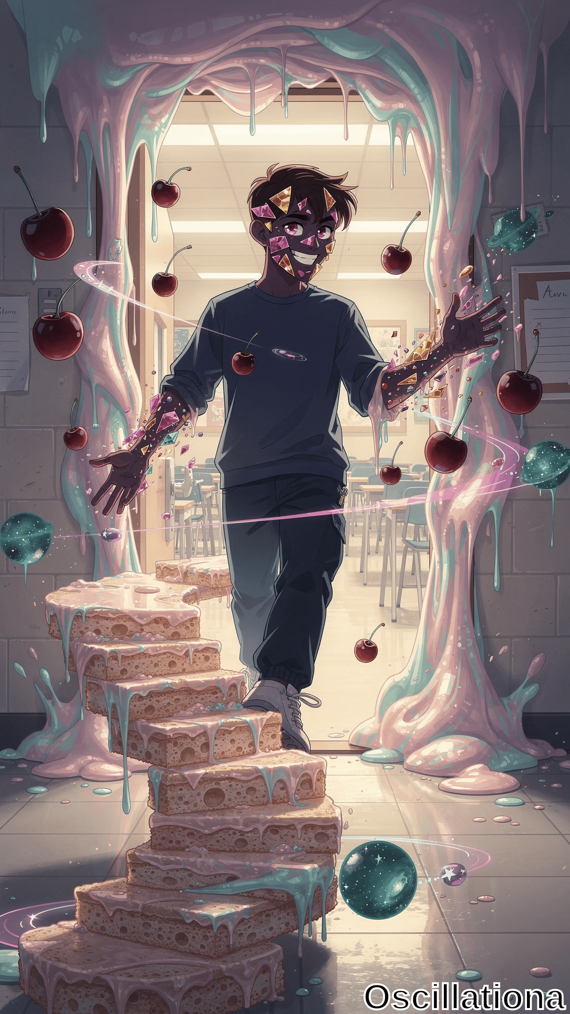A person in a dark blue hoodie and jeans walks down a staircase of sponge-like blocks covered in pink goo in a surreal classroom