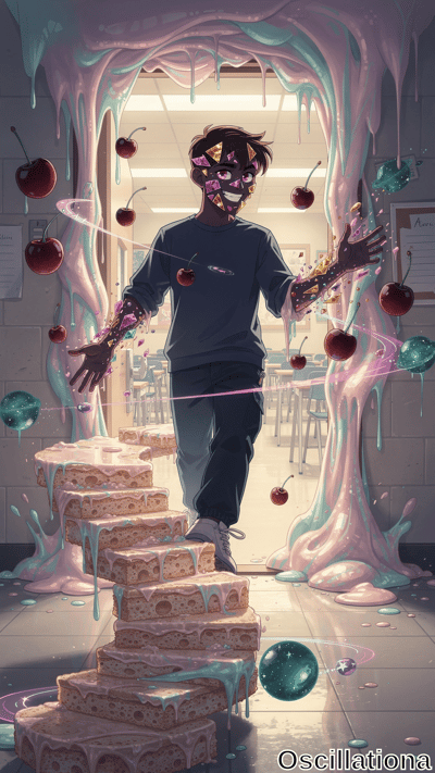 A person in a dark blue hoodie and jeans walks down a staircase of sponge-like blocks covered in pink goo in a surreal classroom
