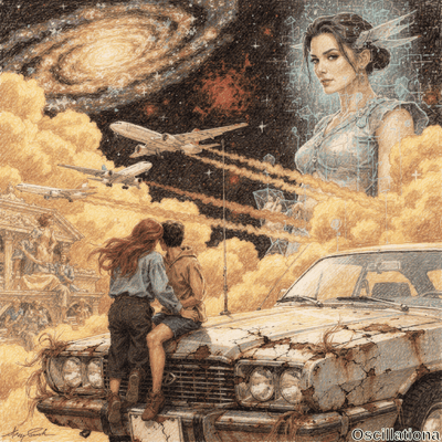 Colored pencil surreal: redheaded woman cuddles with man on rusty viney 70s sedan amid ancient ruins in mist. Jets streak orange clouds; holographic cyan giantess with cyber wings towers over golden spiral galaxy.