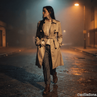 A young woman with long black hair in a beige trench coat with neck tattoo and white flower stands pensively on wet foggy street at night gazing left. 
The moody scene features orange streetlamps and wet reflective pavement.