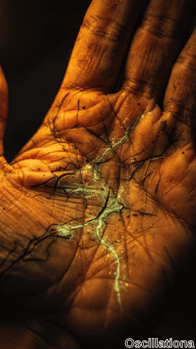 A close-up of a human hand bathed in warm orange-brown tones, showcasing detailed lines and creases of the palm