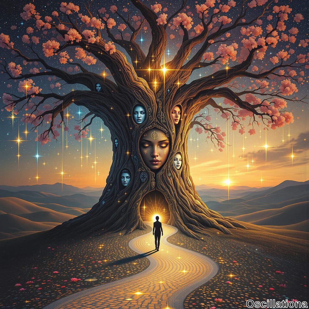 A mystical scene with an ancient tree carved with faces, its branches blooming with pink flowers under a twilight sky of stars and a setting sun.