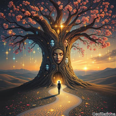 A mystical scene with an ancient tree carved with faces, its branches blooming with pink flowers under a twilight sky of stars and a setting sun.