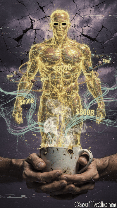 A luminous yellow wireframe humanoid marked with $800B floats above a steaming coffee mug held by weathered hands against a cracked dark purple background with cyan data streams.