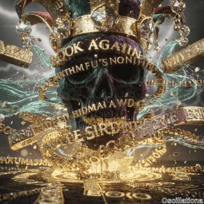 A dark, mystical scene with a large purple and black skull wearing an ornate, gold jester-like crown with green and red velvet accents, exuding a regal yet eerie vibe