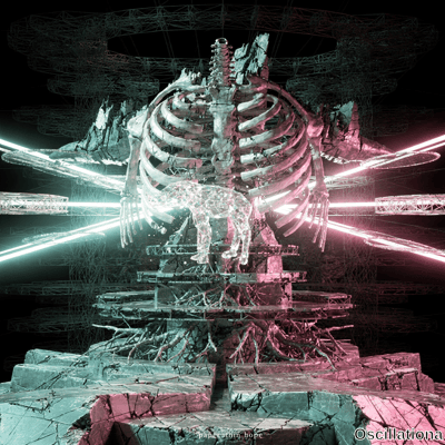 Colossal glowing ribcage and spine in blue and pink neon in dark cyber void with floating cyan crystal creature and geometric wireframe background.
.