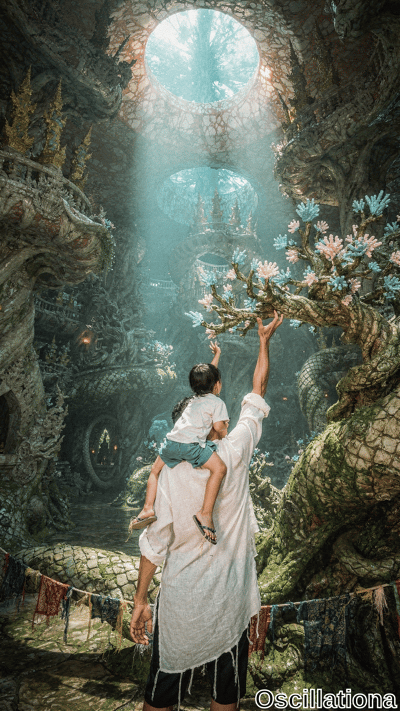 Mist-shrouded Thai cave temple: Asian father carries young son reaching for pink-teal flowers. Teal rays from oculus light golden nagas and prayer flags.