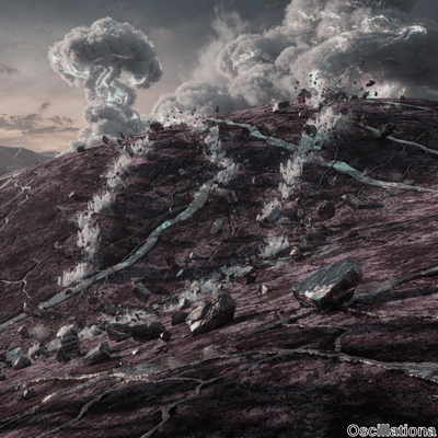 A dramatic, otherworldly landscape with a volcanic theme; the foreground features a purplish, cracked terrain with glowing fissures and reflective boulders