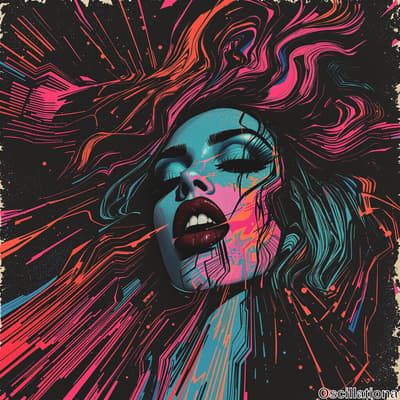 A vibrant digital artwork of a woman's face with an intense expression, featuring exaggerated features like large, dark eyes with heavy makeup, full lips, and flowing hair