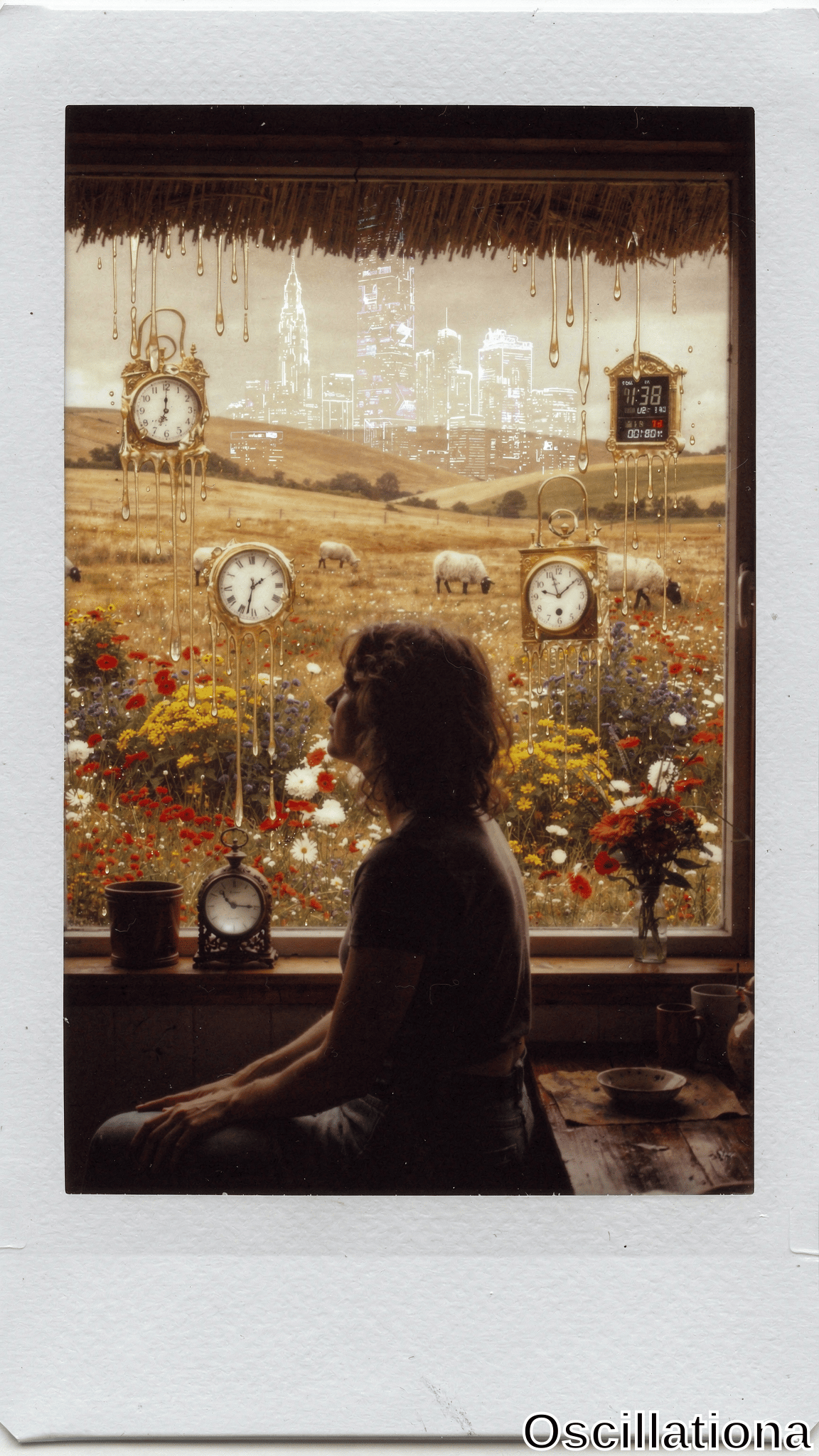 Instax-style polaroid of contemplative curly-haired woman in profile, cross-legged in rustic thatched room, gazing at surreal golden fields with sheep, wildflowers, melting Dali clocks dangling from chains, hazy cyberpunk skyline. Fore