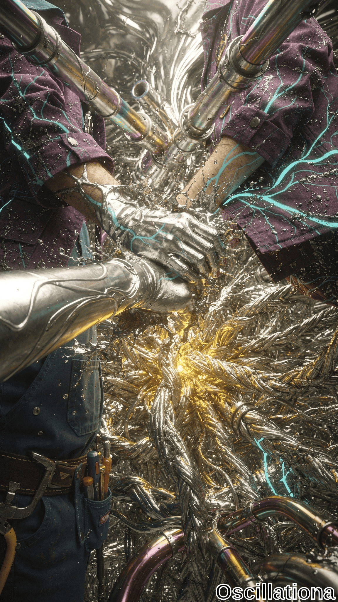 Three pairs of hands, two in metallic robotic gloves and one human, manipulate braided cables amidst tools like screwdrivers and pliers on a tool belt