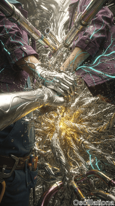 Three pairs of hands, two in metallic robotic gloves and one human, manipulate braided cables amidst tools like screwdrivers and pliers on a tool belt