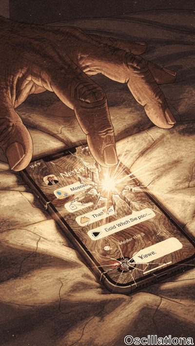 Digital art of a massive, wrinkled brown hand from starry cosmic void tapping shattered black iPhone on rumpled bedsheets, sparking glowing white-yellow cracks and starburst light revealing fragmented messaging app with "North" profile and chat snippets