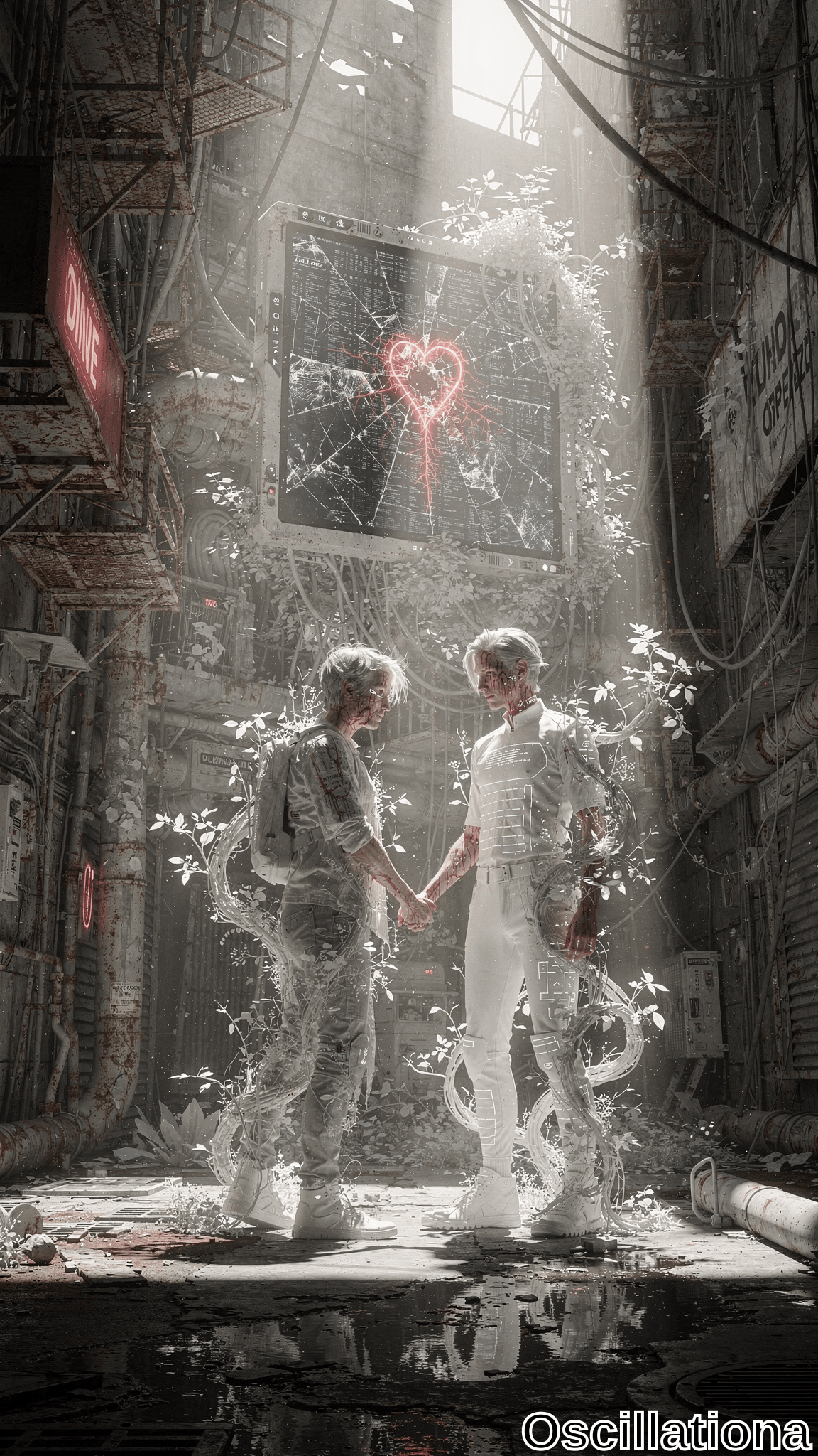 In a foggy cyberpunk alley lit by ethereal white shafts amid snowy mist, two androgynous white-haired figures in fitted white circuit outfits hold hands tenderly, ghostly vines emanating from them blending with rusted ruins and glitchy