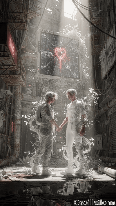 In a foggy cyberpunk alley lit by ethereal white shafts amid snowy mist, two androgynous white-haired figures in fitted white circuit outfits hold hands tenderly, ghostly vines emanating from them blending with rusted ruins and glitchy
