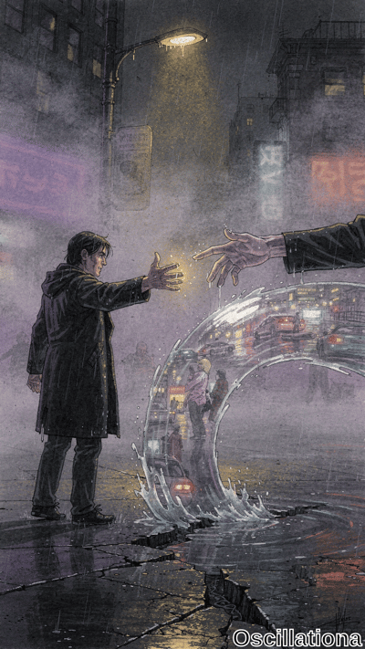 Watercolor cyberpunk noir: hooded man in dripping black trench coat extends glowing golden hand toward iridescent bubble-portal rising from rainy street puddle, revealing neon alternate cityscape amid mist, purple Korean signs, yellow lamp glow.