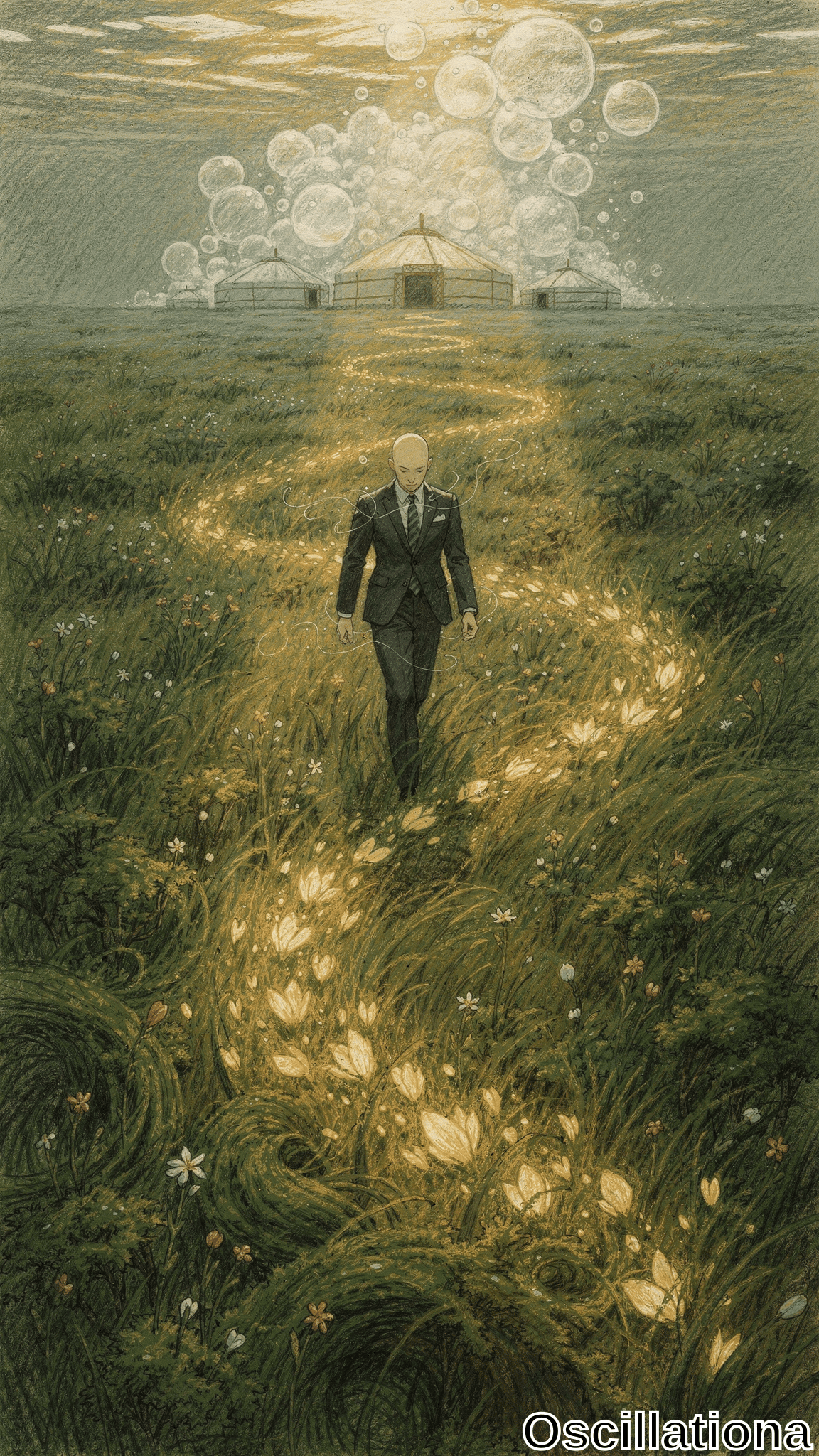Surreal anime dreamscape: bald man in suit walks glowing golden lily path through green meadow to yurts amid floating white bubbles in misty greenish sky with warm yellow highlights.