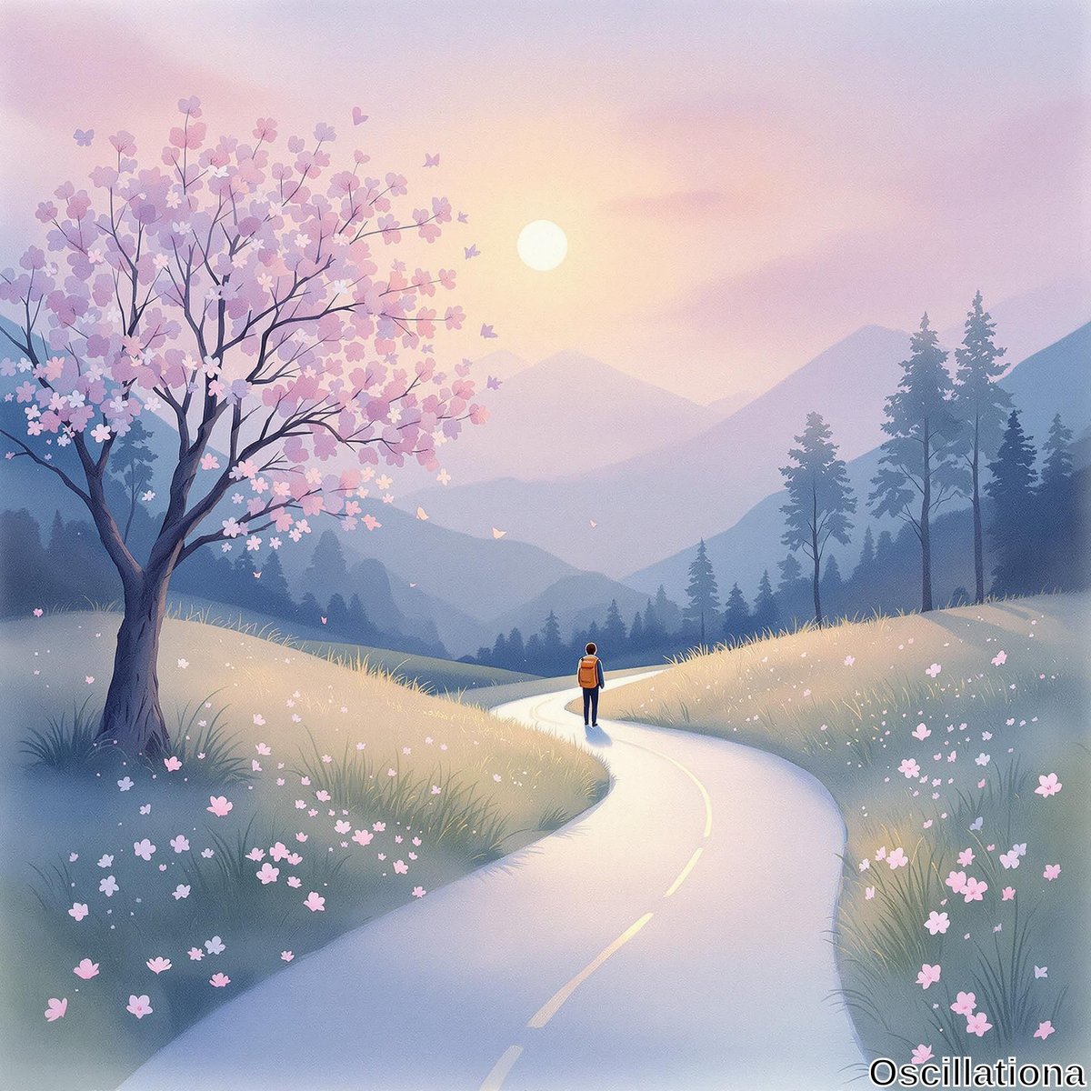 A serene landscape at sunrise or sunset with soft pastel colors.