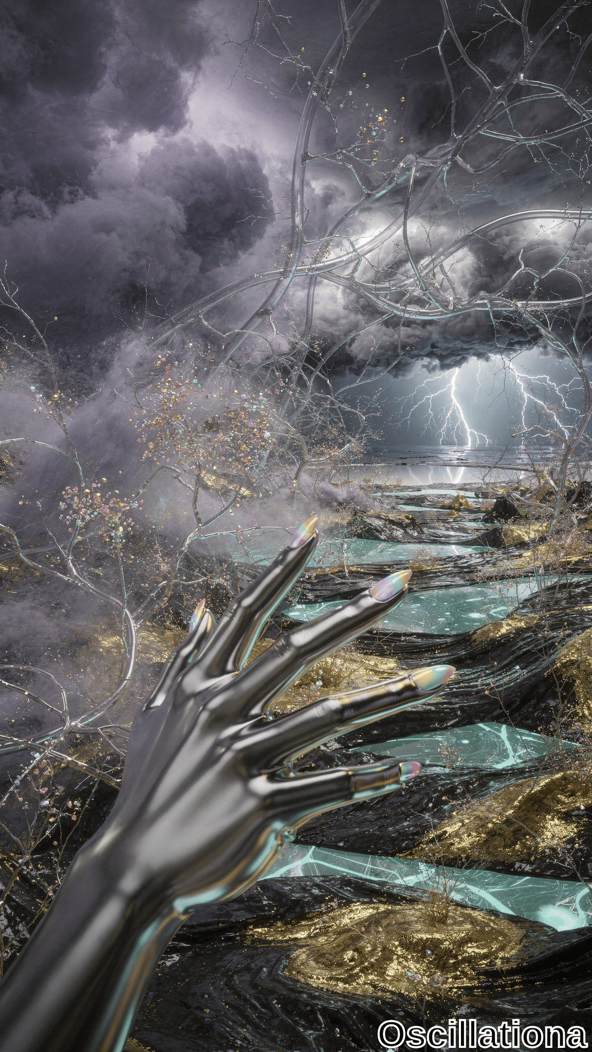 A metallic robotic hand with elongated, holographic-nailed fingers extends into a surreal, futuristic scene