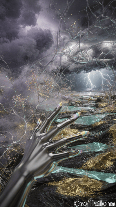 A metallic robotic hand with elongated, holographic-nailed fingers extends into a surreal, futuristic scene