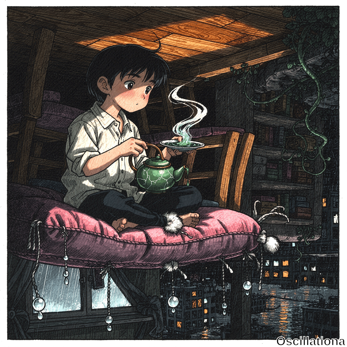 Anime-style boy with short black hair, blue eyes, blushing face sits barefoot cross-legged on pink tassel cushion in attic, pouring glowing green tea from pot into saucer amid steam. Warm wooden beams, vines, bookshelves