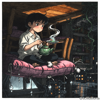 Anime-style boy with short black hair, blue eyes, blushing face sits barefoot cross-legged on pink tassel cushion in attic, pouring glowing green tea from pot into saucer amid steam. Warm wooden beams, vines, bookshelves