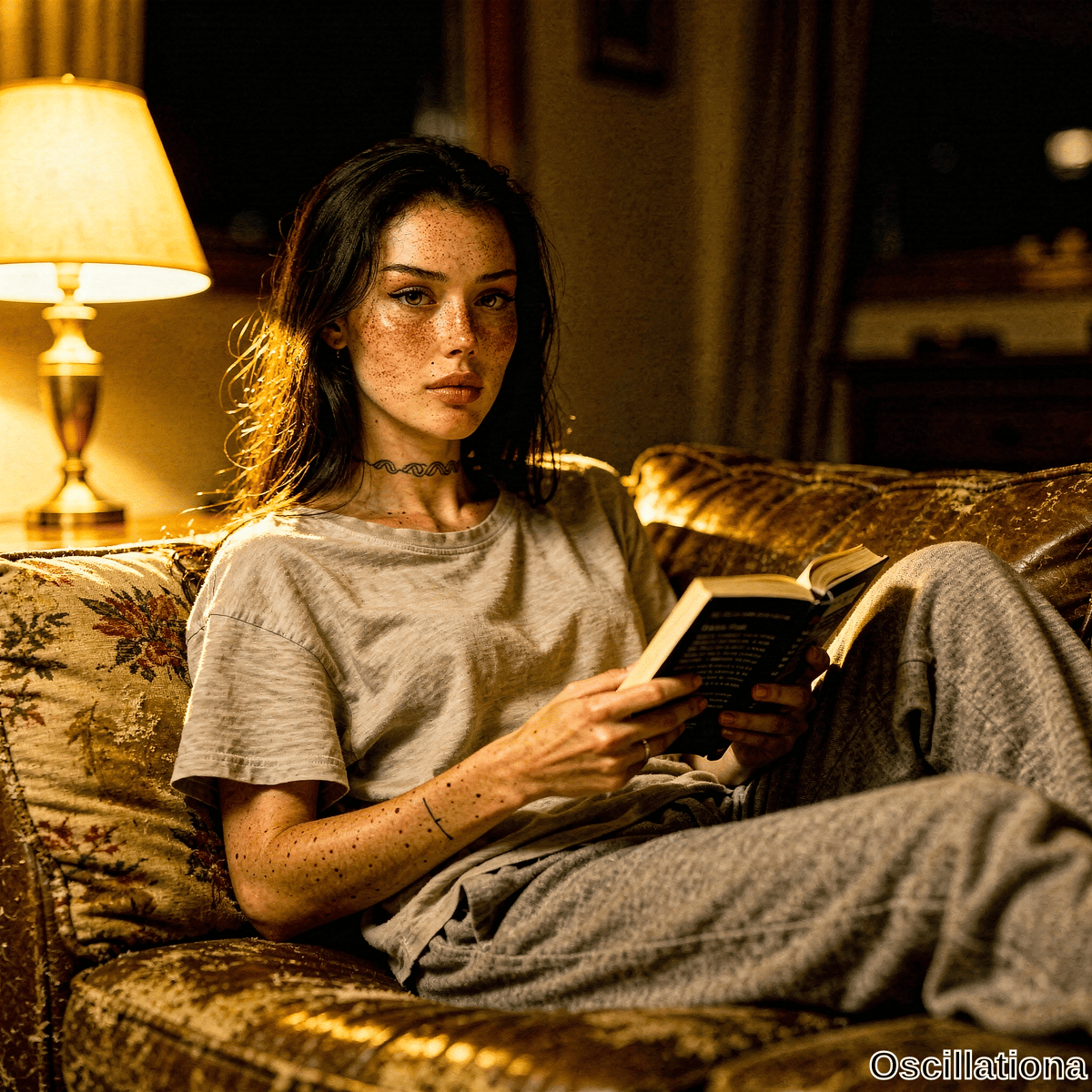 A young woman with striking red hair and freckles, wearing a snake tattoo choker, sits on a vintage couch looking up calmly from her book in warm golden light. 
The scene evokes a cozy intimate nighttime mood with soft