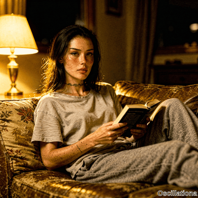A young woman with striking red hair and freckles, wearing a snake tattoo choker, sits on a vintage couch looking up calmly from her book in warm golden light. 
The scene evokes a cozy intimate nighttime mood with soft